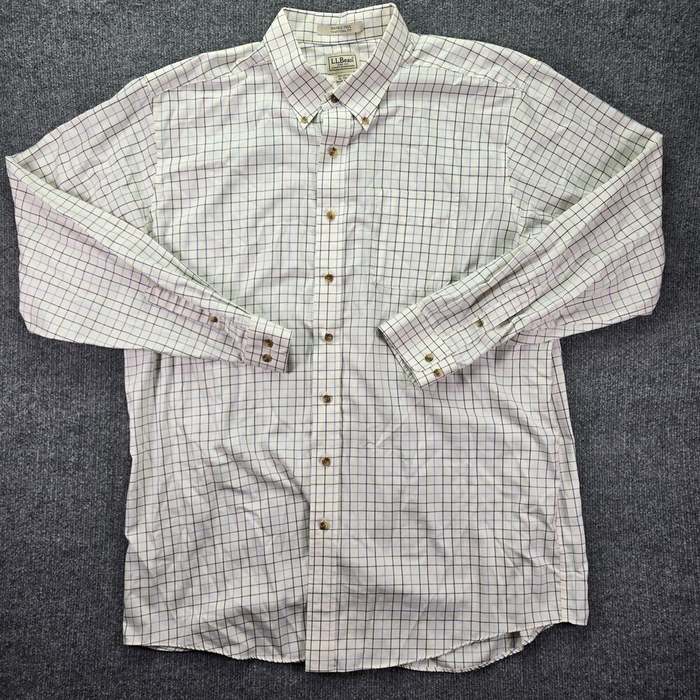 LL Bean Shirt Mens XL Tall White Navy Windowpane Check Long Sleeve Button Down